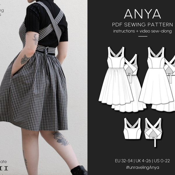 Anya Kleid & Top | PDF-Schnittmuster | EU 32-54, US 0-22 | Pinafore-inspiriertes Kleid, Cross-Back | Sofortiger Download