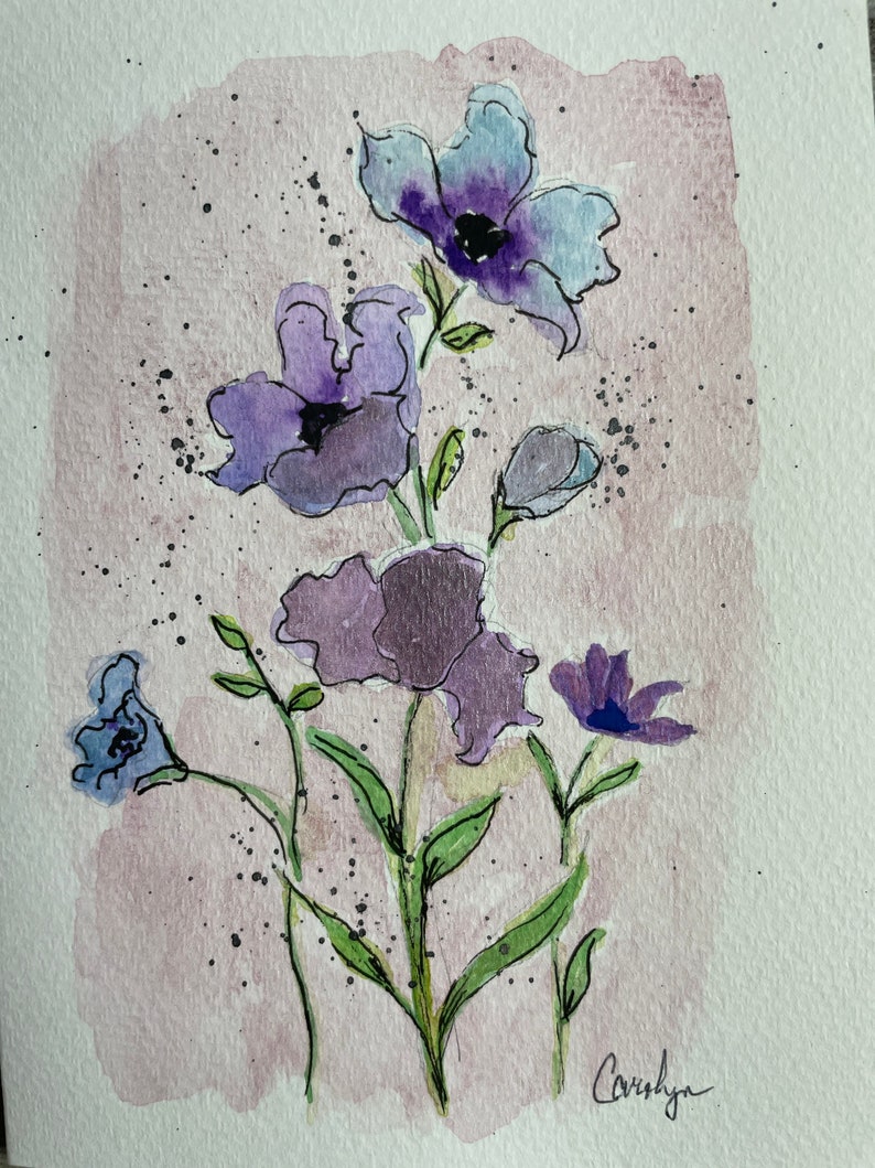 Three Pretty in Purple 5x7 Hand Painted Floral Watercolor Note Greeting ...