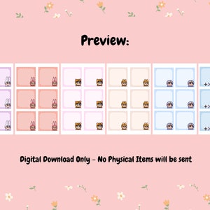 May include: A set of printable digital planner stickers featuring cute cartoon animal characters. The stickers are in various colors, including purple, pink, orange, beige, blue, and light blue. The stickers are designed to be used in digital planners and journals.