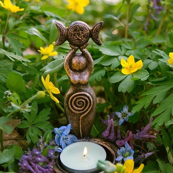 Triple Moon Spiral Goddess Tea Light Candle Holder, Wiccan Goddess Statue, Pagan Candle Holder, Witchy Moon Goddess Candle Holder, Witch