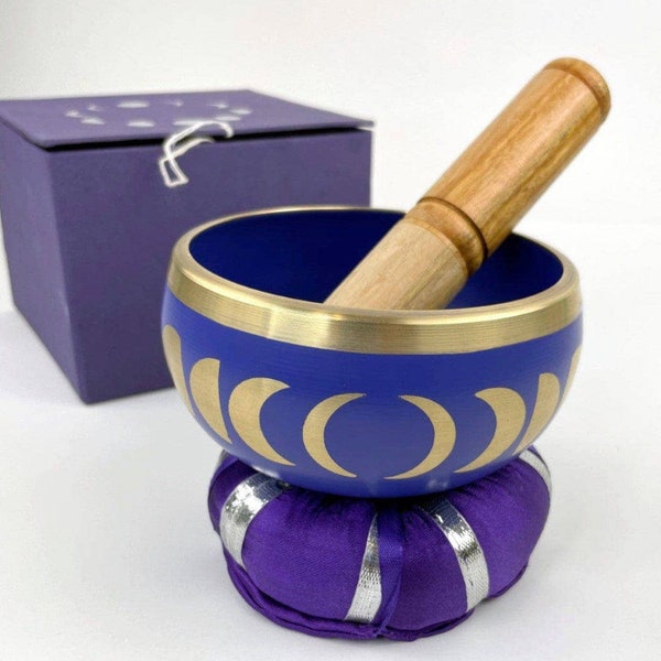 Purple Moon Phase Brass Singing Bowl Set with Purple Box, Moon Phase Singing Bowl, Brass, Meditation, Witchy Singing Bowl, altar supply