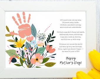 Empreinte de la main fête des mères, poème de la fête des mères avec empreinte de main de fleur, art artisanal empreinte de main pour maman, impression d'art empreinte de main