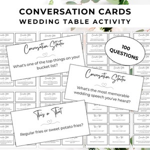 100 cartões de conversa para convidados de casamento, quebra-gelo de casamento e iniciador de conversa, ideia divertida para recepção de casamento, jogos de mesa de casamento