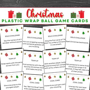 Weihnachtsplastikverpackungsspiel, Plastikverpackungsballspiel, Plastikverpackungsfragekarten, Weihnachtsgruppenspiele, druckbares Spiel Familienweihnachten