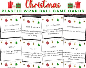 Könnte beinhalten: Ein Satz von 12 Weihnachts-Spielkarten mit roten und grünen Akzenten. Die Karten enthalten Anweisungen für ein Plastik-Wickelball-Spiel. Die Karten beinhalten Solo-Herausforderungen, Team-Herausforderungen und Kohle-Karten.