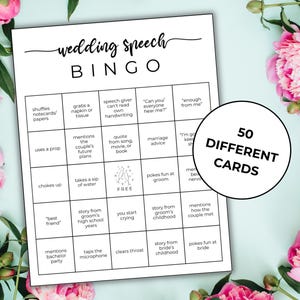 May include: A printable wedding speech bingo card with 25 squares. Each square contains a phrase that might be said during a wedding speech, such as "mentions the couple's future plans" or "story from groom's childhood". The card is surrounded by pink flowers.