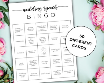 May include: A printable wedding speech bingo card with 25 squares. Each square contains a phrase that might be said during a wedding speech, such as "mentions the couple's future plans" or "story from groom's childhood". The card is surrounded by pink flowers.