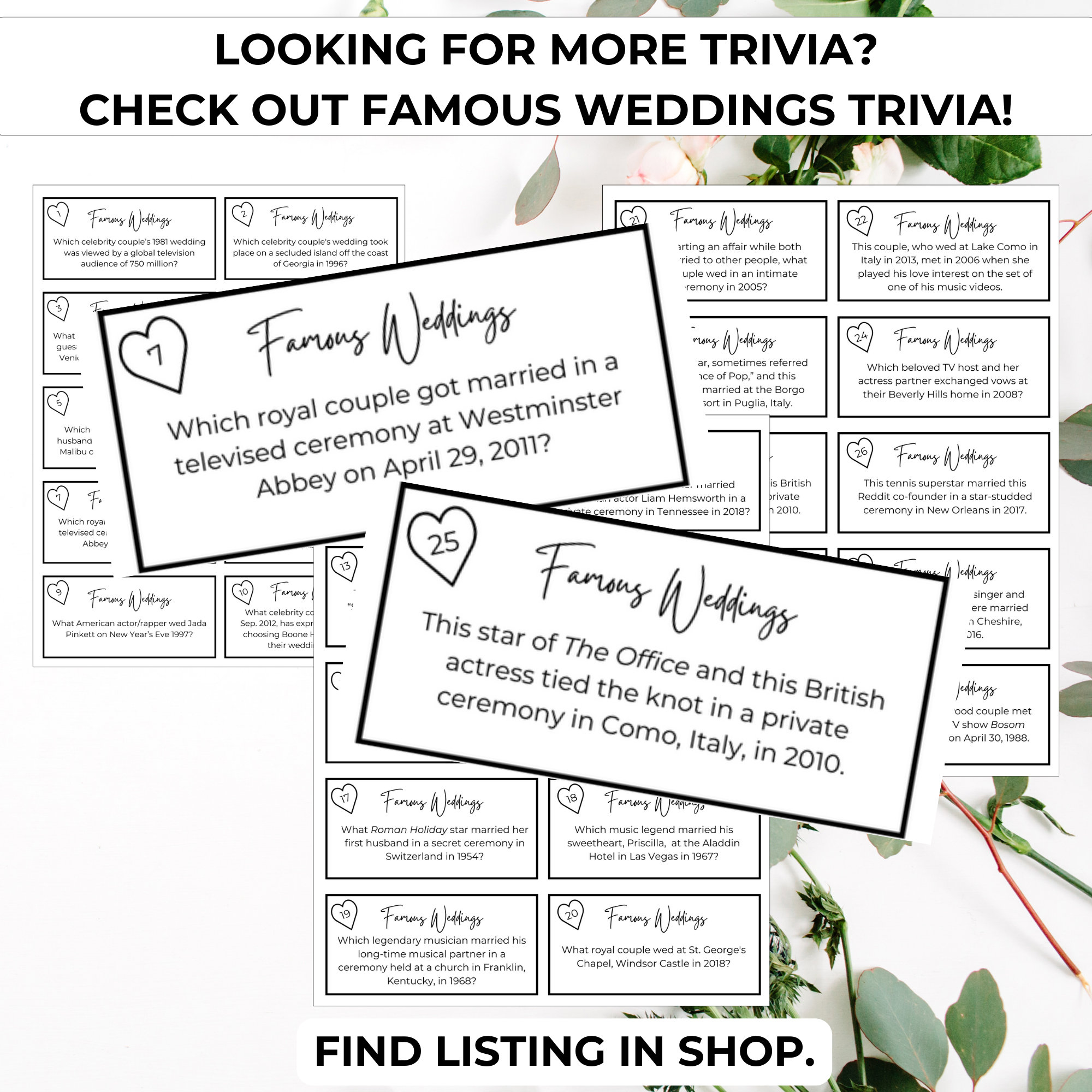 20 American Wedding Trivia Cards Wedding Table Game, Wedding Ice