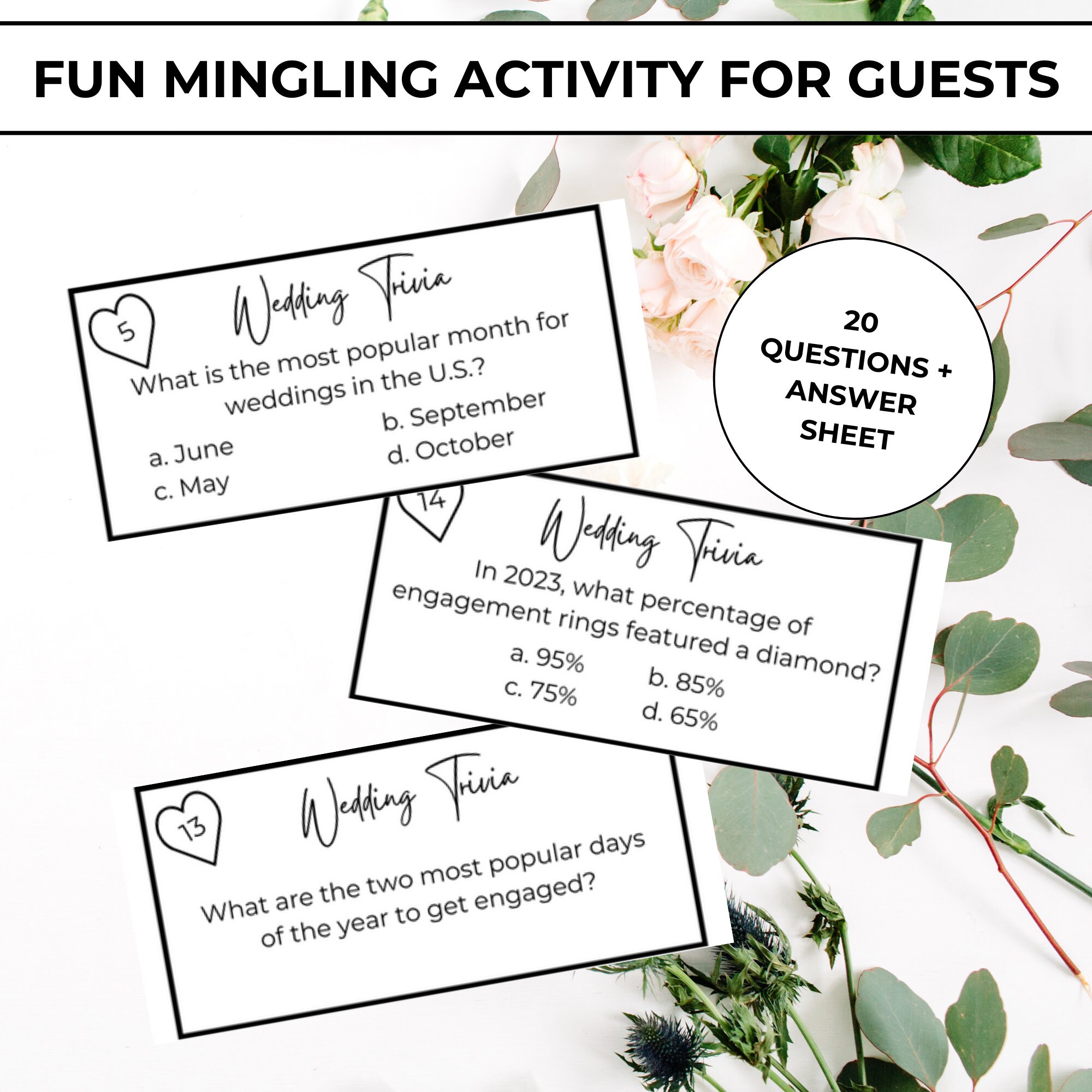 20 American Wedding Trivia Cards Wedding Table Game, Wedding Ice