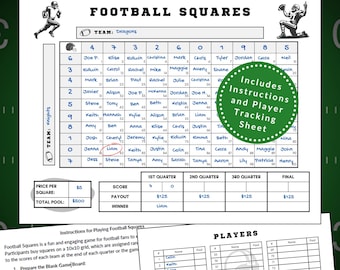 May include: A printable football squares game board with a 10x10 grid. Each square is labeled with a number and a player name. The board includes instructions and a player tracking sheet. The game is designed for football fans to bet on the score of each quarter of a game.
