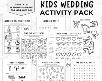 Ultimate Kids Wedding Activity Pack, libro de actividades de boda para niños, juegos de mesa de recepción para niños, libro para colorear de bodas para niños