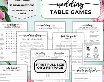 Juegos para la recepción de bodas, juegos de mesa para bodas, juegos para romper el hielo, paquete de juegos para bodas, desayuno de bodas, crucigramas para invitados a la boda