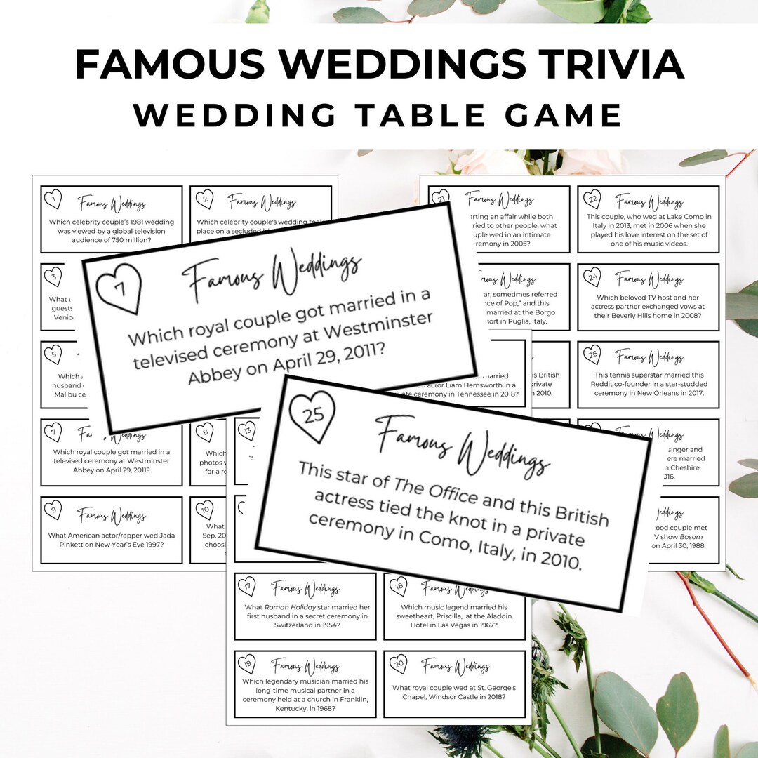 30 Famous Weddings Trivia Cards Wedding Table Game, Wedding Ice Breaker
