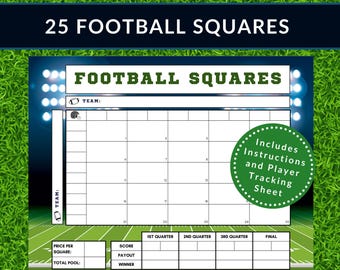 May include: A football squares game board with the text "25 FOOTBALL SQUARES" at the top. The board includes spaces for team names, numbers, and score tracking. A green circle states "Includes Instructions and Player Tracking Sheet".