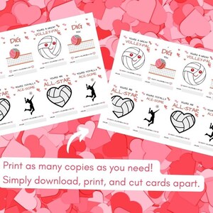 K&ouml;nnte beinhalten: Druckbare Valentinstagskarten mit Volleyball-Motiven. Die Karten enthalten S&auml;tze wie "You're a Great Volley-Pal", "Dig You", "You're an All-Star" und "You're Totally Ace-Some".