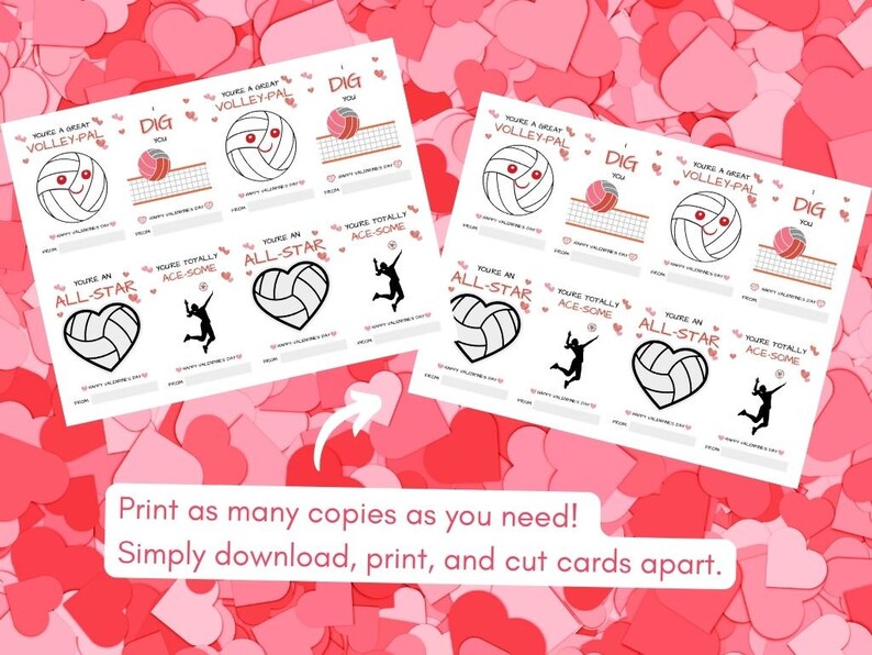K&ouml;nnte beinhalten: Druckbare Valentinstagskarten mit Volleyball-Motiven. Die Karten enthalten S&auml;tze wie "You're a Great Volley-Pal", "Dig You", "You're an All-Star" und "You're Totally Ace-Some".