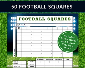 May include: A printable football squares game board with 50 squares, a scoreboard, and instructions for playing. The board is designed with a football theme and includes a football helmet graphic.