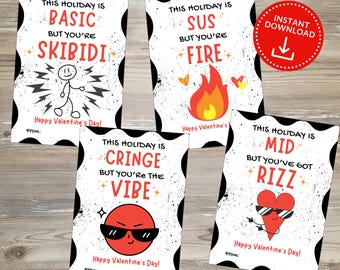 Slang Kids Valentines Day Cards, Gen Z Alpha Slang Valentines, Funny Printable Classroom Valentine, Brain Rot Humor, Tween Valentine
