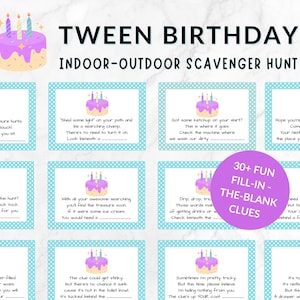 May include: A printable scavenger hunt for a tween birthday party. The cards feature a pink and yellow cake with candles and the text "30+ FUN FILL-IN - THE-BLANK CLUES".