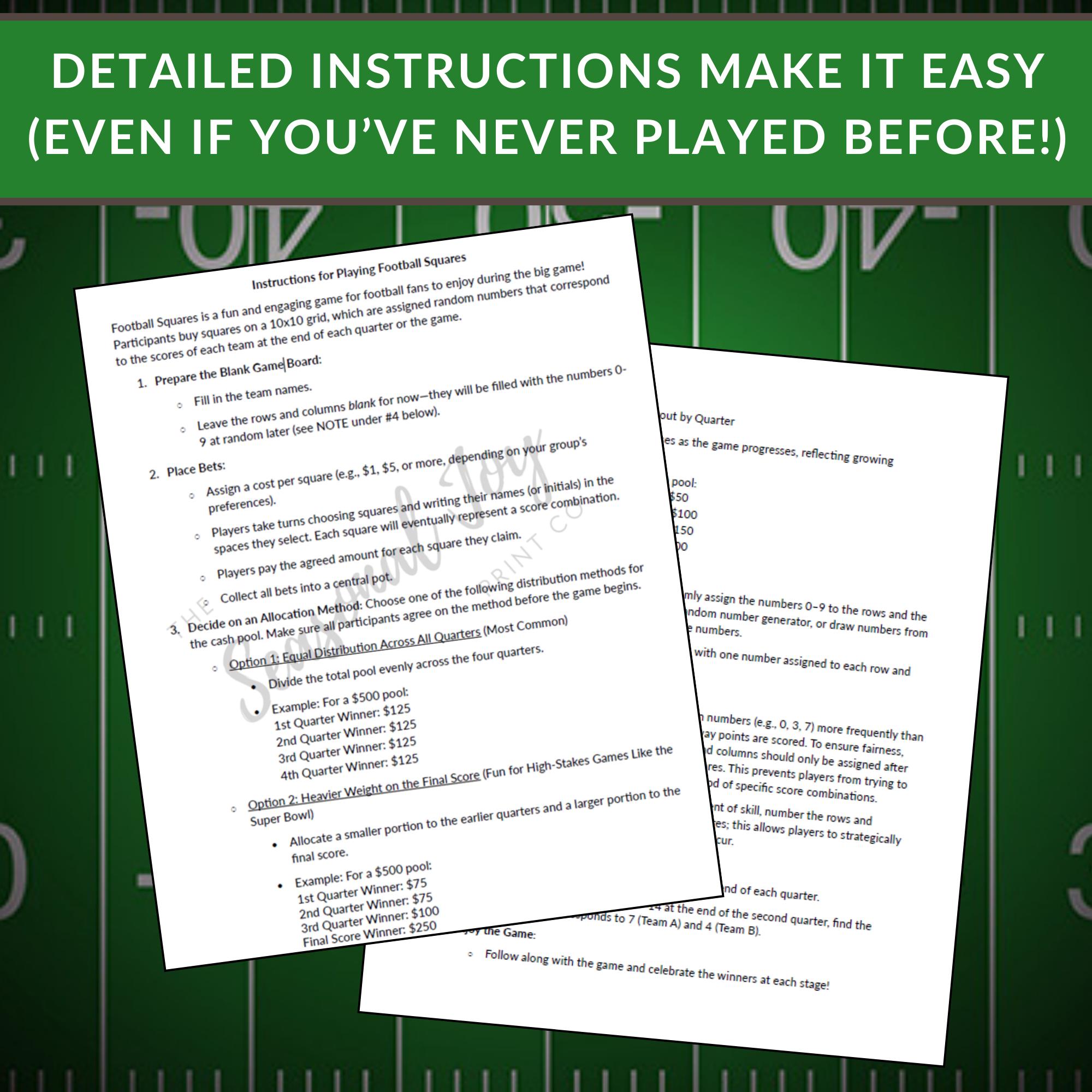 Football Squares Printable, Football Betting Game, 100 Square Football ...