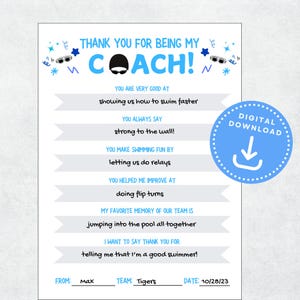 Swim Coach Thank You, Swimming Coach Appreciation, Swim Coach Gift, Printable Swim Coach Gift, Swim Team Gift, End of Swimming Season