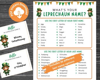 What's Your Leprechaun Name?, Leprechaun Name Game, St. Patrick's Day Game, St. Patrick's Day Party, St. Patrick's Day Printable