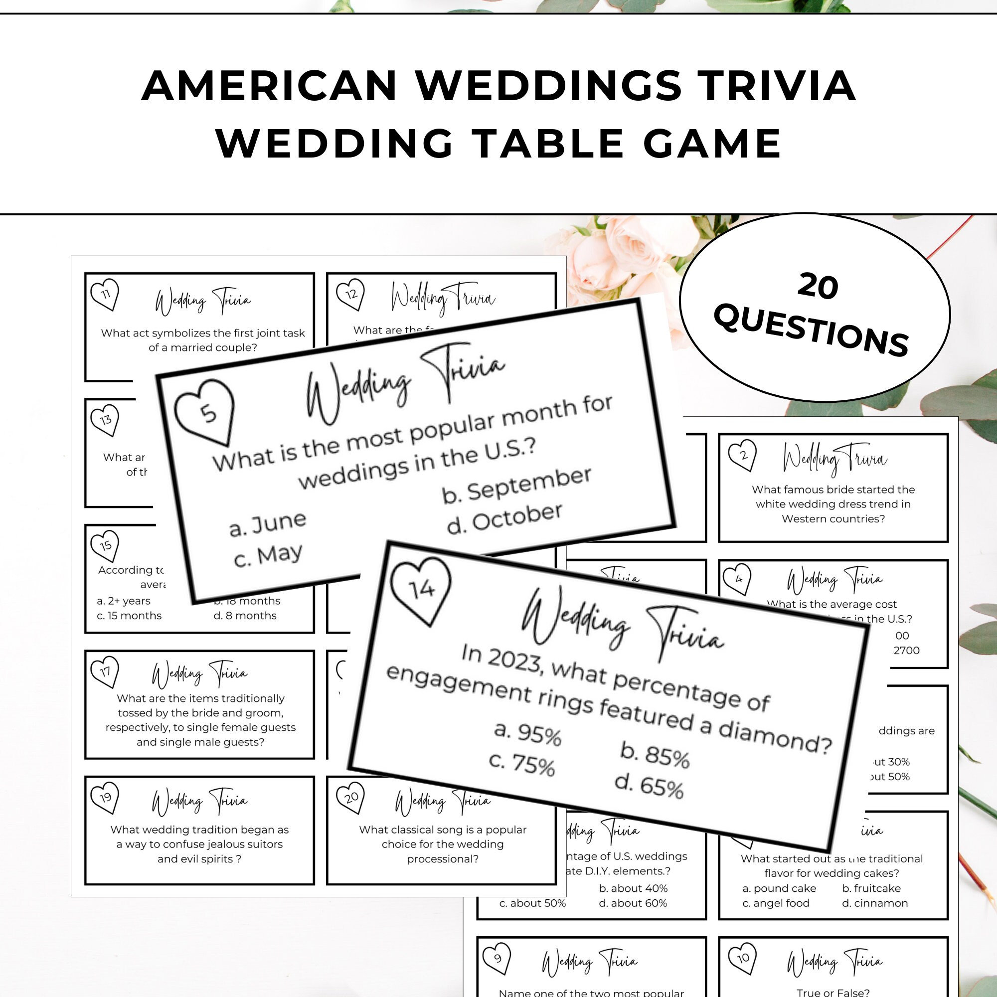 20 American Wedding Trivia Cards Wedding Table Game, Wedding Ice