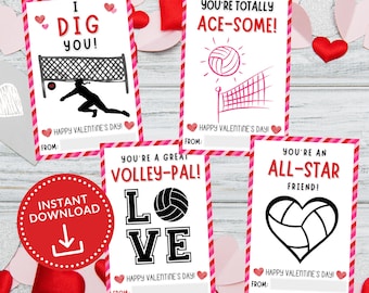 Volleyball-Valentinstagskarten, druckbare Valentinstagskarte, Valentinstagskarte für Kinder, Sport-Valentinstagskarte, Kinder-Valentinstagskarten
