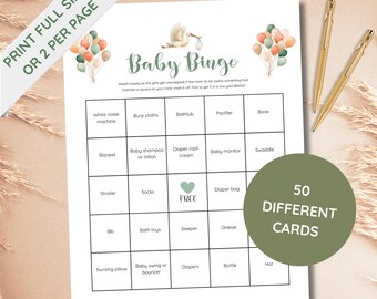 May include: Baby Bingo game card with a stork illustration and balloons. The card includes a grid with baby-related items like a stroller, diapers, and a pacifier. The text reads "50 DIFFERENT CARDS".