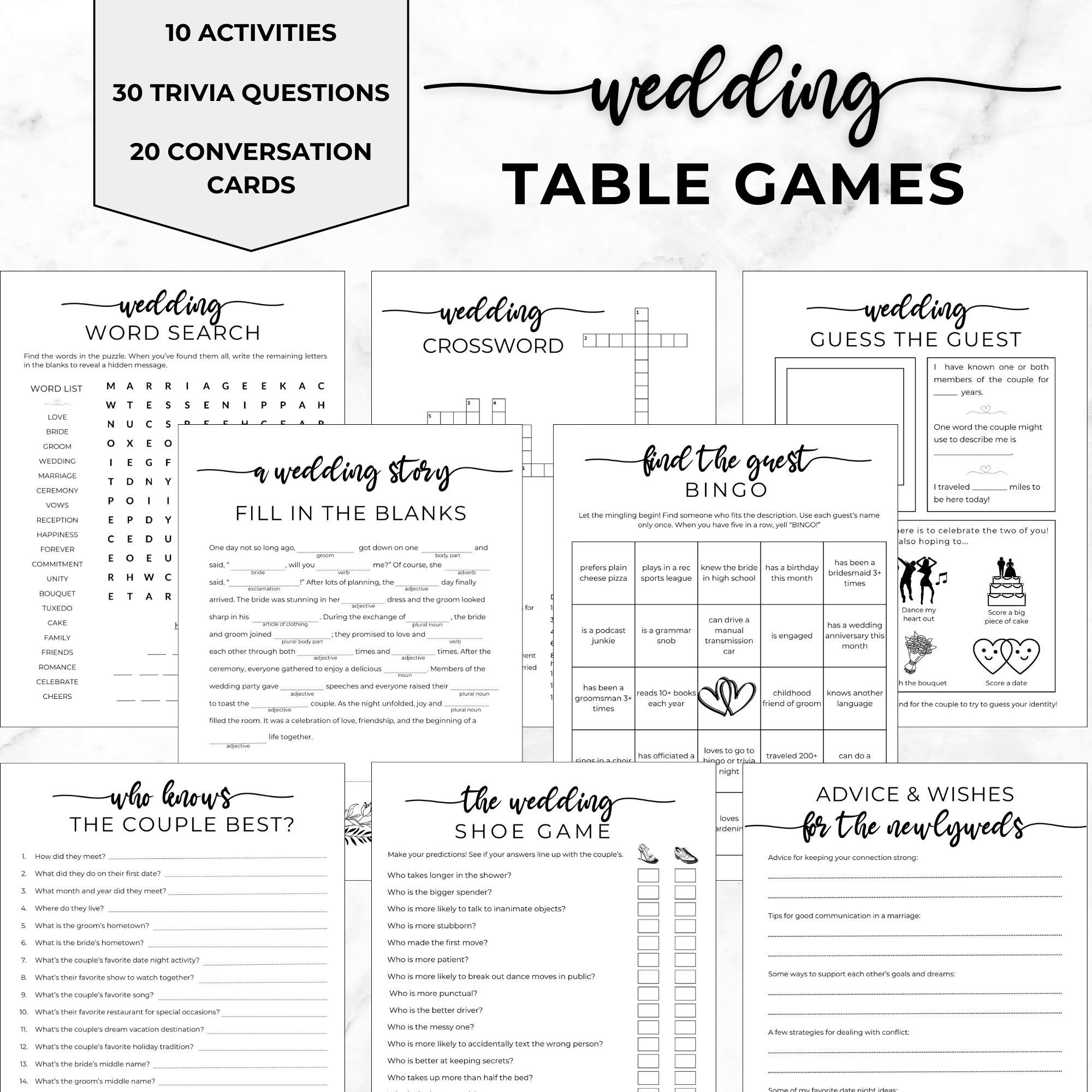 Wedding Reception Games, Wedding Table Games, Ice Breaker Wedding Games, Wedding Game Bundle, Wedding Advice Cards, Wedding Guest Crossword