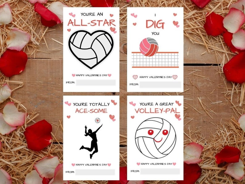 K&ouml;nnte beinhalten: Vier druckbare Valentinstagskarten mit Volleyball-Wortspielen. Die Karten sind wei&szlig; mit rosa Herzen und schwarzem Text. Der Text auf den Karten lautet: "You're an All-Star", "I Dig You", "You're Totally Ace-Some", und "You're a Great Volley-Pal".