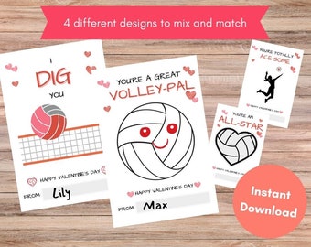 May include: Four printable Valentine's Day cards featuring volleyball-themed designs. The cards include the text "I Dig You", "You're a Great Volley-Pal", "You're an All-Star", and "You're Totally Ace-Some".