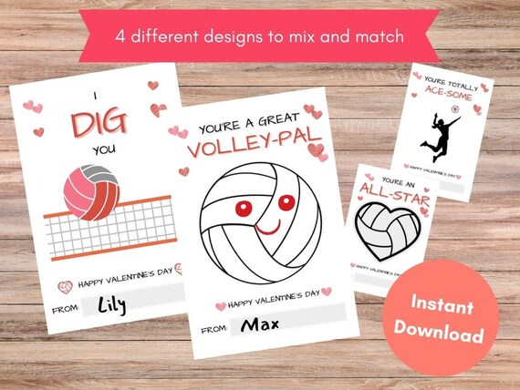 Volleyball Valentine Cards, Printable Valentine Card, Valentine Card for Kids, Sports Valentine Card, Kids Valentine Cards