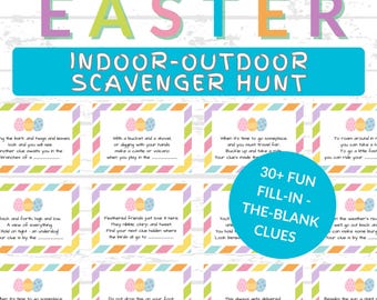 May include: A printable Easter scavenger hunt game with 30+ fill-in-the-blank clues. The clues are printed on colorful cards with a pastel striped background and feature images of Easter eggs.