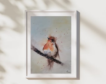 Acuarela pájaro petirrojo europeo, pintura de acuarela de arte original, abstracto, decoración del hogar, obras de arte de regalo, NO UNA IMPRESIÓN