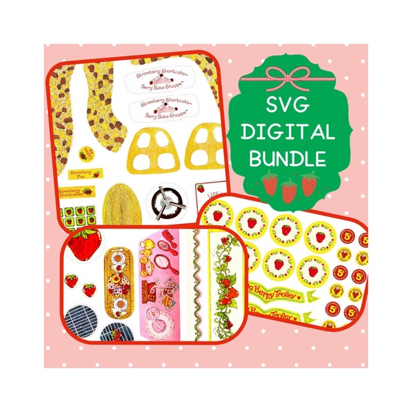 Bundle of Vintage Strawberry Shortcake Replacement Sticker files (Digital Download SVG files Only): Big Berry Trolley, Bake Shop, & Gazebo