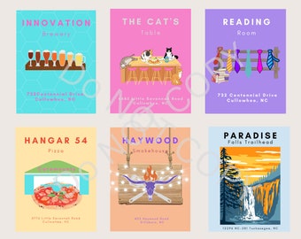 Pode incluir: Seis cartazes ilustrados em estilo vintage para empresas locais em Cullowhee, Carolina do Norte. Os cartazes apresentam uma cervejaria, um restaurante, uma sala de leitura, uma pizzaria, uma casa de defumação e uma trilha de cachoeira.