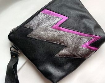 Black Leather Clutch Bag // Ladies purse, Handmade bag, Lightning bolt clutch, Gifts for her, Christmas gifts