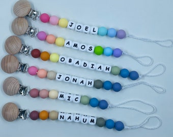 Personalized Pacifier Clips-Rainbow and Pastel Baby Binky Clips-Name Paci Clips-Silicone Beaded Binky Clips