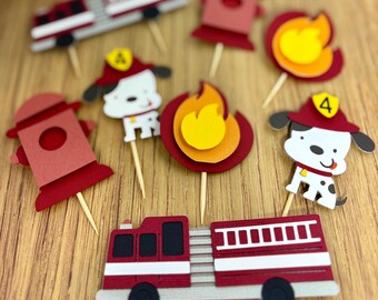 Fire Truck Cupcake Toppers: Dalmatian, Fire Hydrant, Flame - 8 Pack