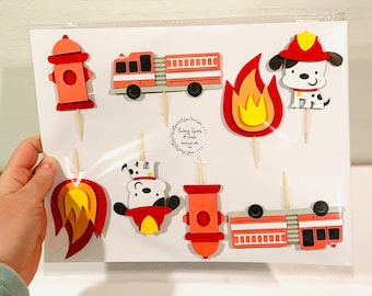 Fire Truck Cupcake Toppers-Firetruck/Dalmatian/Fire Hydrant/Fire Flame Cupcake Topper-Fire Truck cake Topper Custom