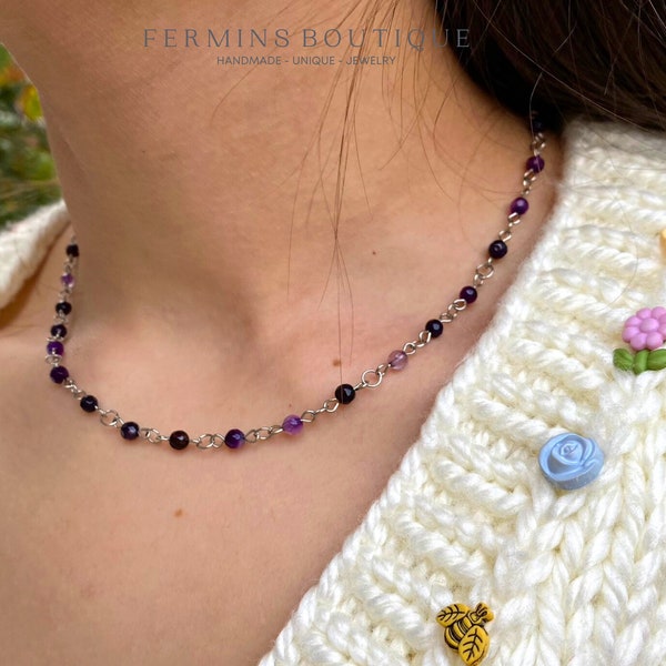 Tiny Amethyst Rosary Necklace, Dainty Beaded Necklace, February Birthstone Choker, Dainty Choker Necklace, Tiny Gemstone Beaded Necklace