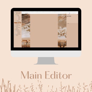 Puede incluir: Un monitor de ordenador que muestra una interfaz de software con una combinaci&oacute;n de colores beige y blanco. La pantalla muestra un documento con un men&uacute; lateral y la palabra "SCENE" en la parte superior. Las palabras "Main Editor" est&aacute;n en la parte inferior de la pantalla.