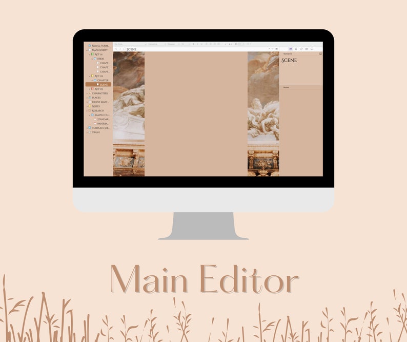 Puede incluir: Un monitor de ordenador que muestra una interfaz de software con una combinaci&oacute;n de colores beige y blanco. La pantalla muestra un documento con un men&uacute; lateral y la palabra "SCENE" en la parte superior. Las palabras "Main Editor" est&aacute;n en la parte inferior de la pantalla.