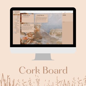 Puede incluir: Un monitor de computadora muestra una interfaz de corcho digital con texto e im&aacute;genes. La interfaz est&aacute; organizada en secciones etiquetadas como "Cap&iacute;tulo 01", "Cap&iacute;tulo 02" y "Cap&iacute;tulo 03". El fondo presenta una pintura cl&aacute;sica.