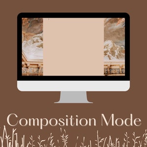 Puede incluir: Un monitor de ordenador muestra una pantalla beige con una pintura cl&aacute;sica a ambos lados. El monitor est&aacute; sobre un fondo marr&oacute;n con las palabras "Composition Mode" en una fuente marr&oacute;n claro.