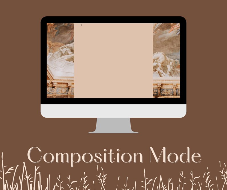 Puede incluir: Un monitor de ordenador muestra una pantalla beige con una pintura cl&aacute;sica a ambos lados. El monitor est&aacute; sobre un fondo marr&oacute;n con las palabras "Composition Mode" en una fuente marr&oacute;n claro.