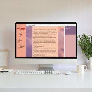 Könnte beinhalten: Ein Computerbildschirm zeigt eine digitale Schreib-App mit einem Kapitel mit dem Titel "Kapitel 01". Der Bildschirm hat einen rosa-violetten Farbverlaufshintergrund mit weißen Wolken. Die App hat eine Seitenleiste mit einer Liste von Kapiteln und anderen Schreibwerkzeugen.