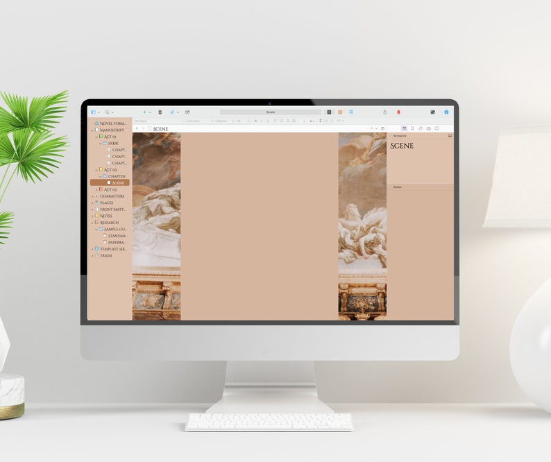 Puede incluir: Un ordenador de sobremesa muestra una interfaz de software de escritura con un fondo beige y paneles de arte verticales. La pantalla muestra un proyecto de escritura con un t&iacute;tulo de escena y opciones en el lado izquierdo. El ordenador est&aacute; en un escritorio blanco.