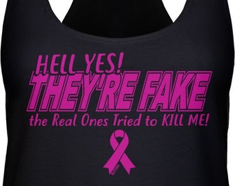 Hell Yes They're Fake Ladies Racerback Tank Top - Breast Cancer Awareness